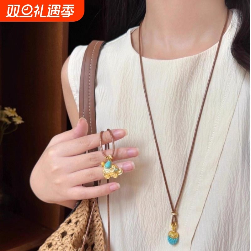 秋冬复古松石松果吊坠项链女轻奢高级感小众设计长款毛衣链配饰