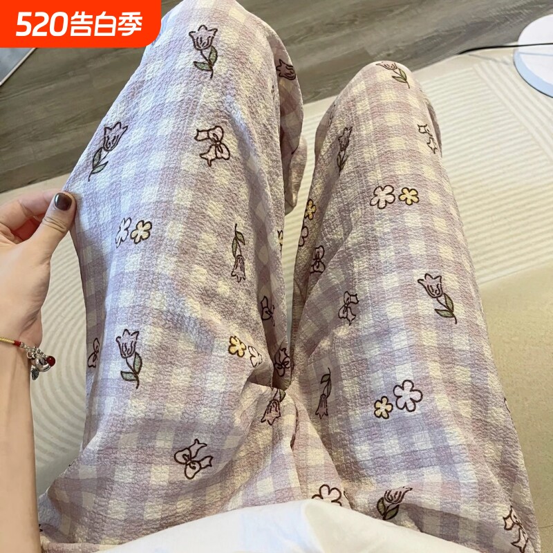 格子睡裤女款长裤春秋季棉纱大码宽松薄款可爱可外穿遛弯裤家居裤