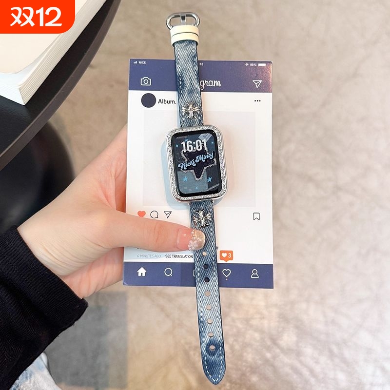 复古克罗星适用华为手环10/9表带扎染8高颜值实际在ins风牛仔布朋克百搭荣耀10/9智能银色带钻壳运动配件