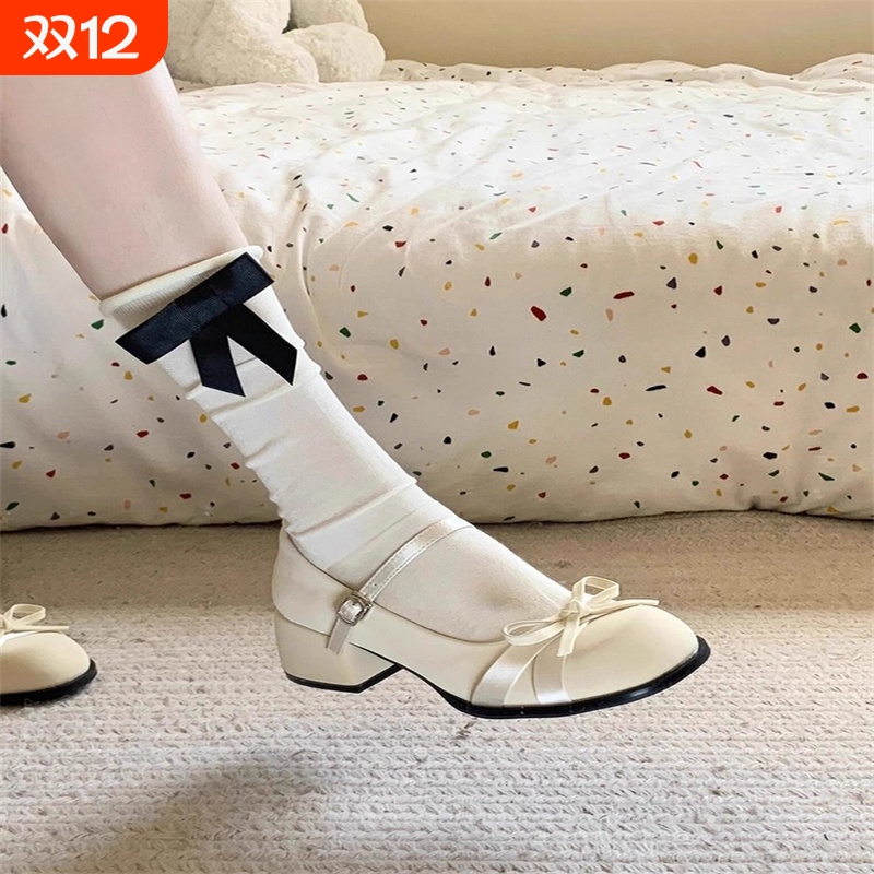 蔻孜金白色玛丽珍鞋女百搭蝴易结法式浅口单鞋蝶学风院小皮鞋