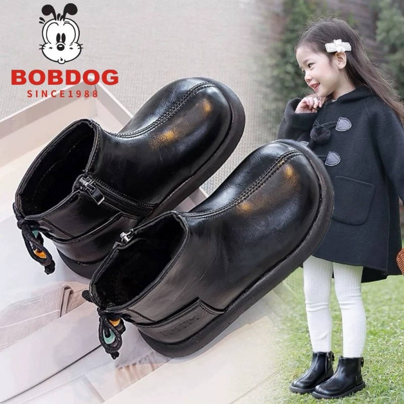 巴布豆女童靴儿童短靴2025秋冬加绒皮靴女宝马丁靴软底公主靴黑色