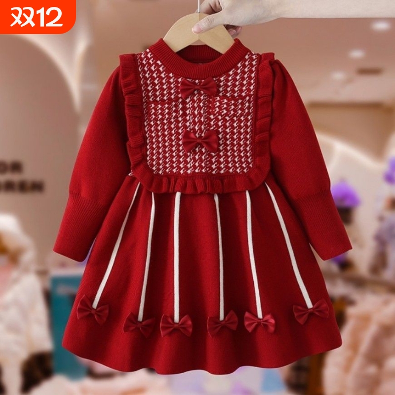 女童2025冬季新款洋气裙子儿童秋冬公主裙宝宝新年红色针织连衣裙