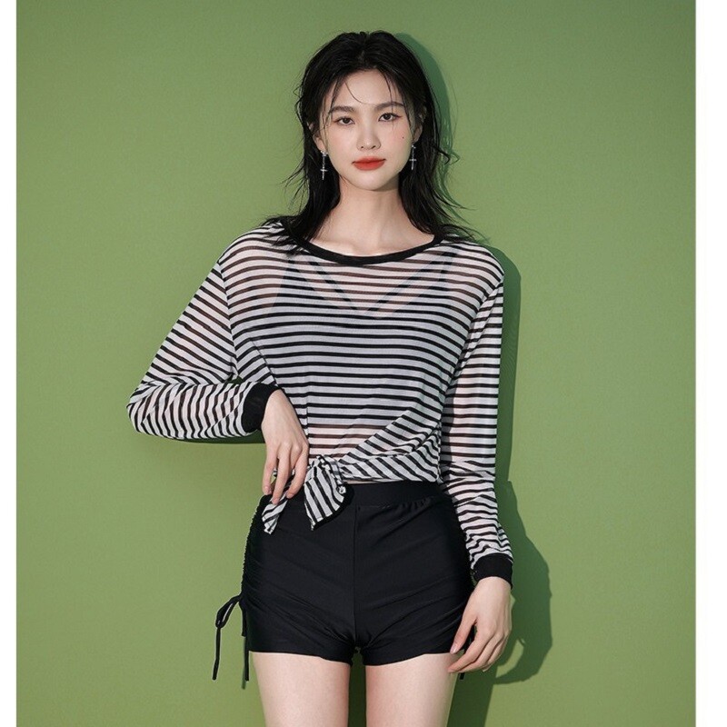 泳衣女分体三件套长袖防晒罩衫平角裤显瘦条纹保守泡温泉游泳图片