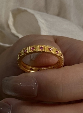 中古vintage金色立方小方块排戒戒指女时尚轻奢镶嵌锆石开口指环
