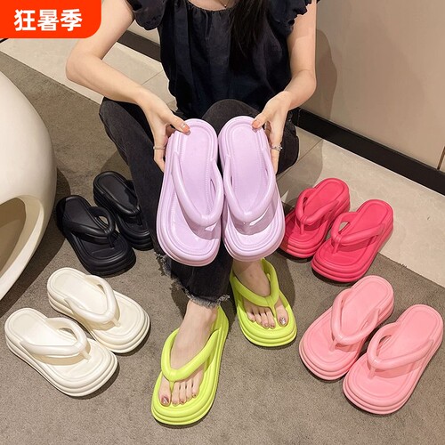 增高厚底人字拖女外穿夏季夹脚拖鞋2026新款沙滩鞋高跟坡跟红色