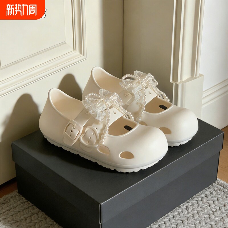 细细条 珍珠蝴蝶结玛丽珍鞋女夏软底防滑仙女风包头凉鞋室外单鞋