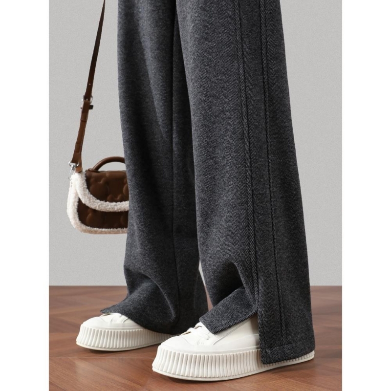 人字纹阔腿裤女春秋冬季2025新款高腰垂感开叉加绒直筒香蕉女裤子