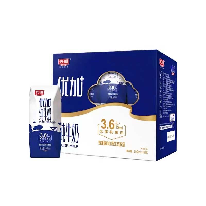 光明优加3.6蛋白纯牛奶200ml*12盒原味