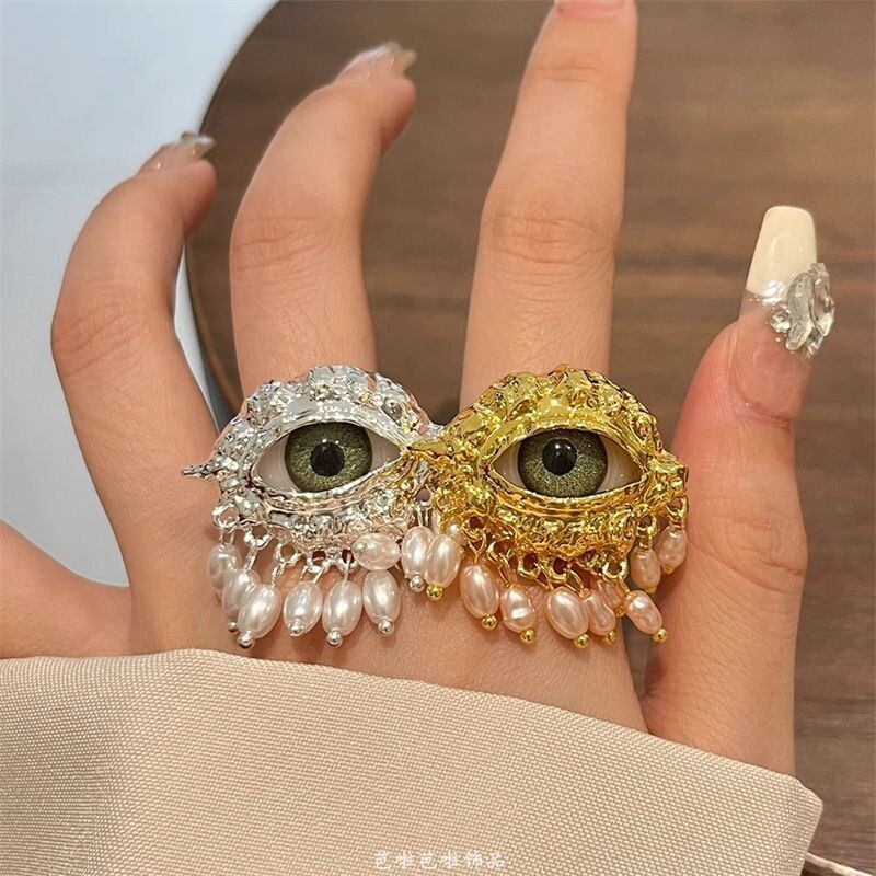 欧美个性夸张恶魔之眼流苏指环女高级感设计开口戒指精致手指配饰