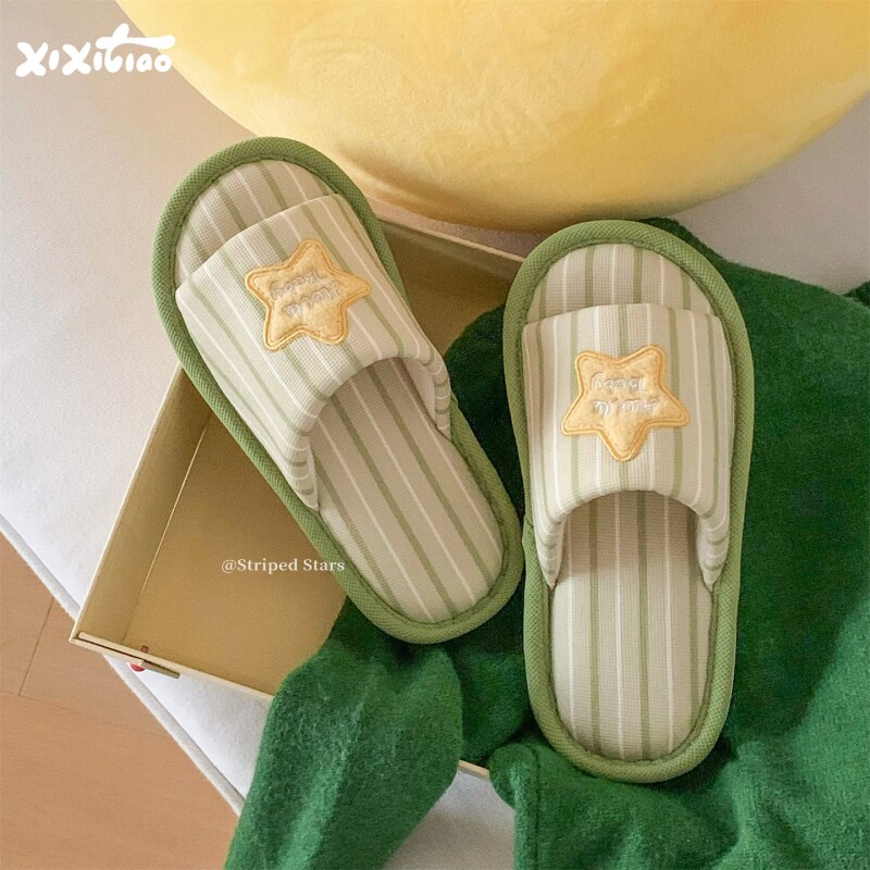 细细条 学生女防滑韩系星星竖纹棉麻拖鞋家居空调房春夏ins地板鞋