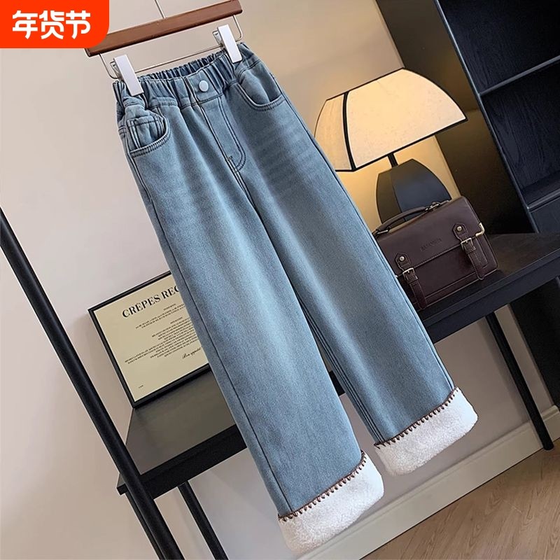 女童秋冬季个性加厚直筒裤儿童洋气湾边一体绒牛仔长裤中大童裤子,童装/婴儿装/亲子装,儿童牛仔裤,淘宝优惠券,粉丝福利购,淘宝优惠卷