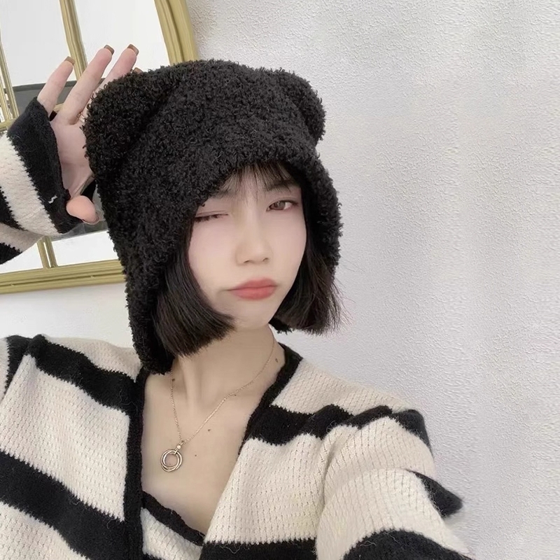 可爱小熊帽子女秋冬季2025新款保暖毛线帽毛绒护耳针织帽显脸小
