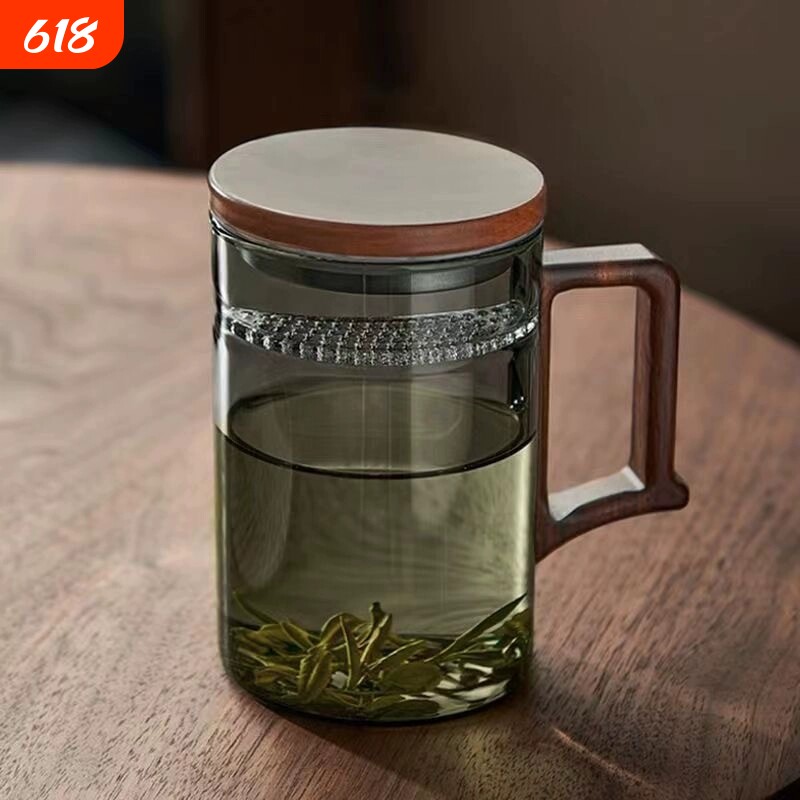 高颜值月牙过滤杯茶杯木把玻璃高硼硅耐热玻璃分离泡茶器办公室