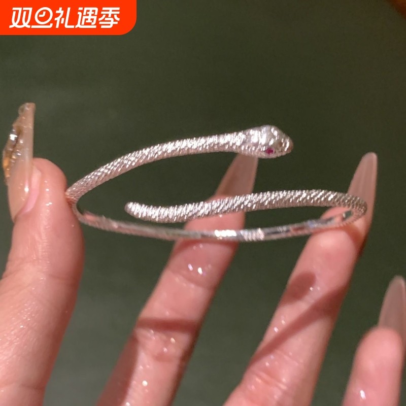 小众银色灵蛇手镯百搭简约设计版可调节手环竹节光面双环繁花