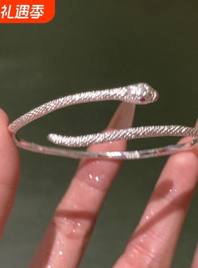 小众银色灵蛇手镯百搭简约设计版可调节手环竹节光面双环繁花