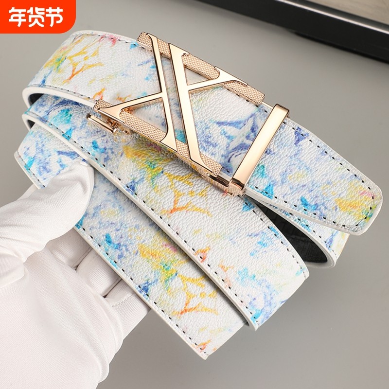 皮带男潮流学生真皮百搭卡槽涂鸦自动扣混的人腰带牛仔裤网红同款