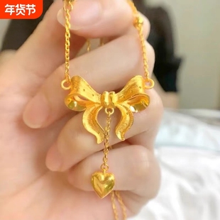 金店同款古法沙金鎏金流苏双生花项链桃花AB链锁骨链精致礼蝴蝶结