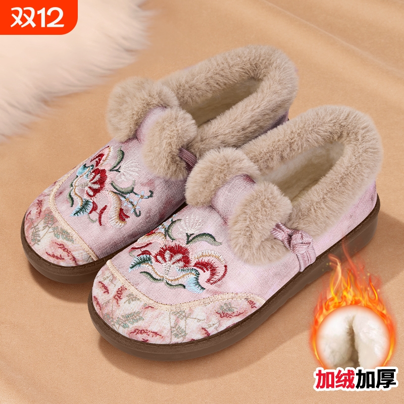 老冬季新中老年软底中式妈妈北京布鞋加厚棉鞋绣花鞋鞋加绒防滑女
