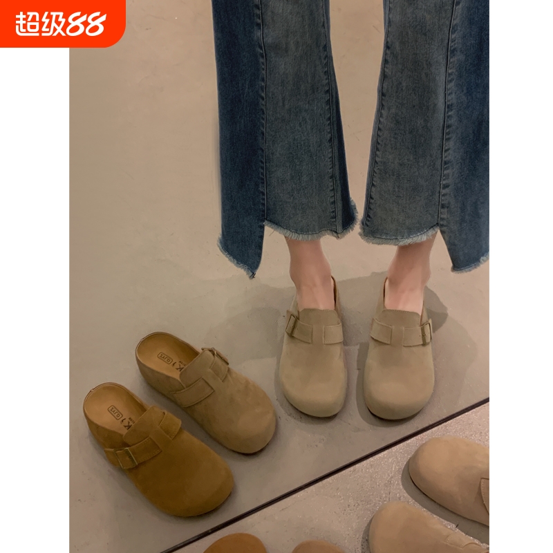 他她女孩勃肯鞋女2025新款秋冬加绒鞋子包头半拖鞋一脚蹬高跟驼色