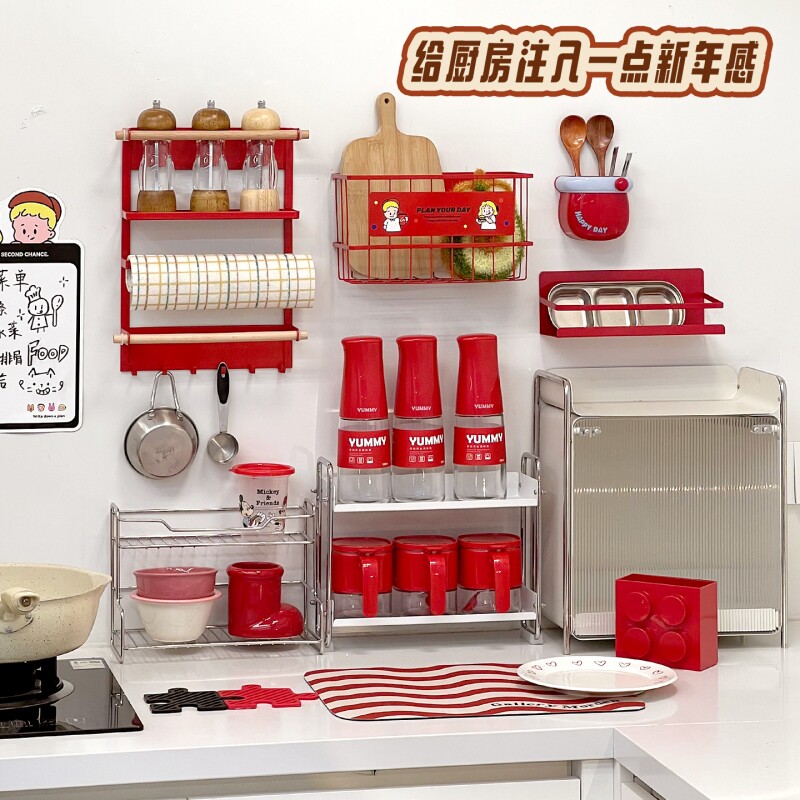 新年红色厨房调料罐套装家用过年春节喜庆装饰防潮调味盒瓶罐盐罐