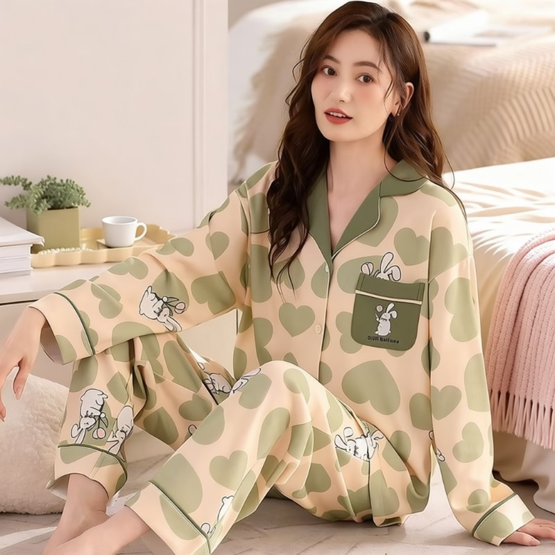 2025新款纯棉睡衣女长袖长裤带胸垫春秋款可外穿女款睡衣秋季妈妈