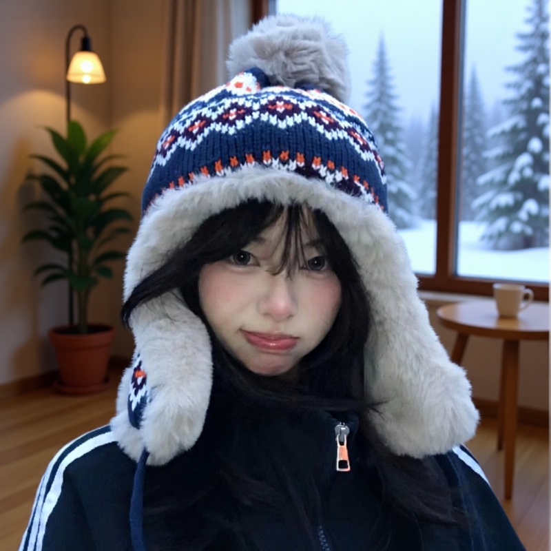 费尔岛风帽子女冬针织毛线帽保暖加绒加厚防寒护耳雷锋帽红色防风