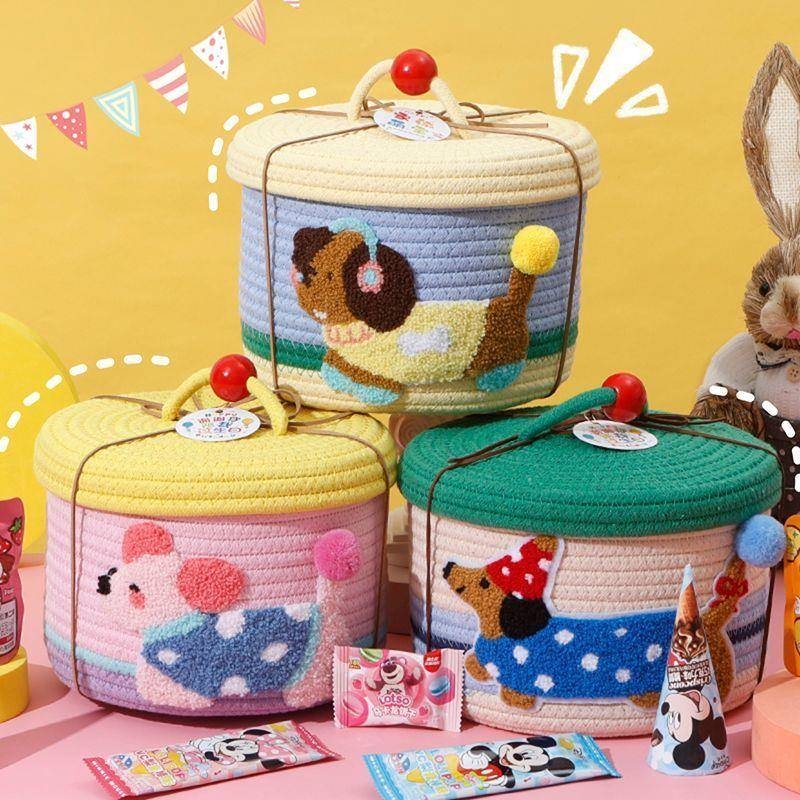 可爱桌面收纳盒化妆品零食收纳筐多巴胺办公置物盒棉线编织储物篮