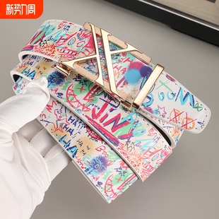 网红同款 皮带男潮流学生真皮百搭卡槽涂鸦自动扣混 人腰带牛仔裤