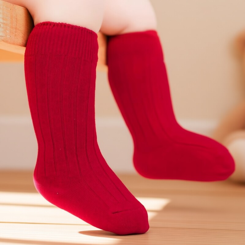 新生儿婴儿袜子春秋冬季纯棉宝宝大红色新年袜中长筒松口袜黑色