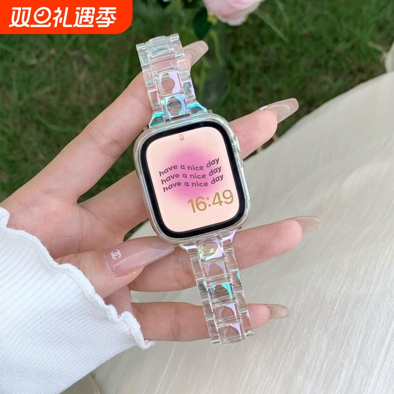 适用荣耀手表5新款个性树脂表链honor智能腕表4亲选Rossini 2i表带Haylou Watch树脂炫彩镭射夏天高级