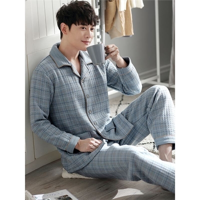 睡衣男士春秋款加厚纯棉长袖家居服秋冬款冬季薄款夹棉空气棉夹层