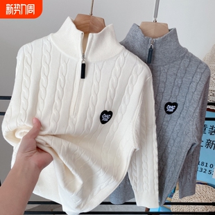 中大童半高领儿童毛衣针织衫男童打底衫白色套头春秋拉链童装新款