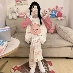 女童家居服套装 女儿童长袖 睡衣卡通海狸2025春秋季 2025中大童薄款