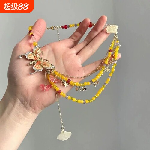 夏日黄色滴油蝴蝶串珠银杏叶流苏项链春夏辣妹女甜酷风叠戴锁骨链