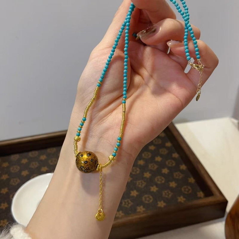 赤金螺钿大漆锁骨链搭配菱镁矿项链饰品时尚配饰松石