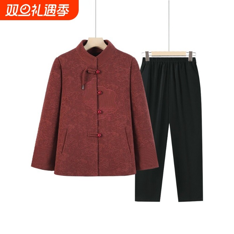奶奶秋装外套中老年人女秋冬装加绒唐装妈妈婚礼上衣时尚衣服洋气