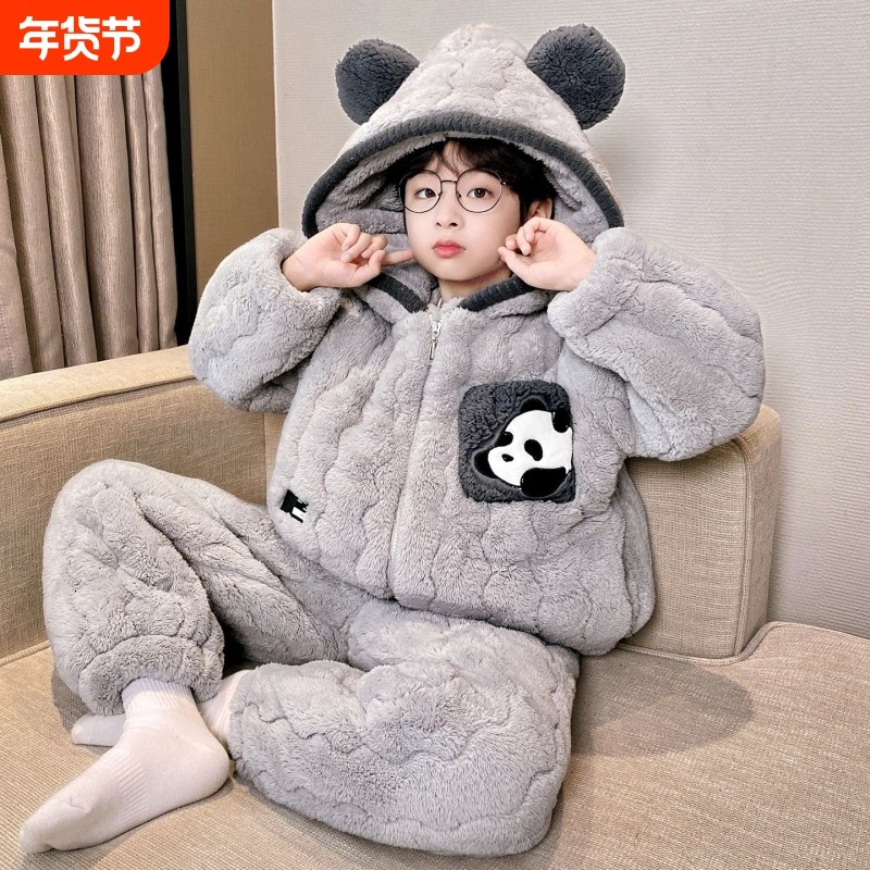 2026新款男童冬季加厚三层夹棉儿童睡衣珊瑚绒男孩冬款家居服套装,童装/婴儿装/亲子装,家居服套装,淘宝优惠券,粉丝福利购,淘宝优惠卷