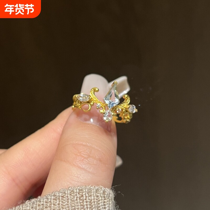 蓝眼泪戒指中古蓝色闪钻辛德瑞拉戒指复古vintage宫廷风开口食