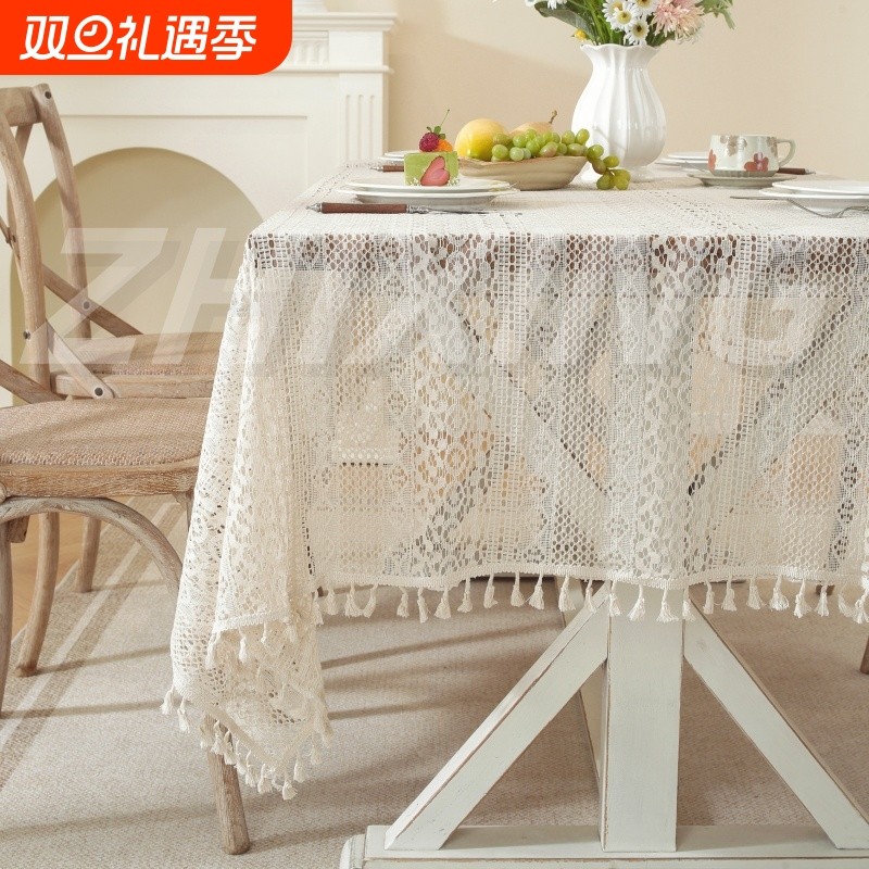 桌布美式镂空长方形编织台布蕾丝流苏桌垫茶几法式床头柜防油餐桌