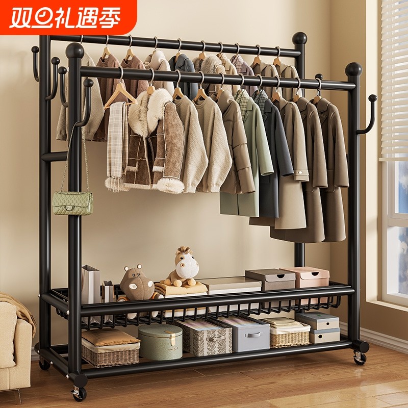 挂衣架落地卧室家用可移动双杆置物衣帽架简易收纳架立式晾衣架
