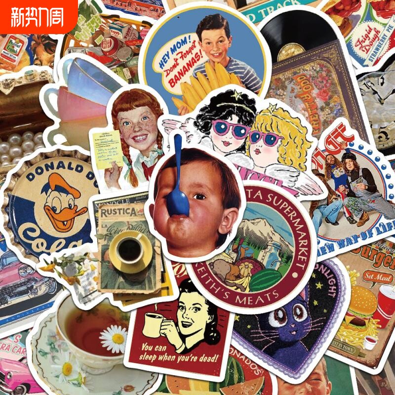 50张美式复古风贴纸怀旧艺术个性创意手机壳笔记本行李箱防水贴画吉