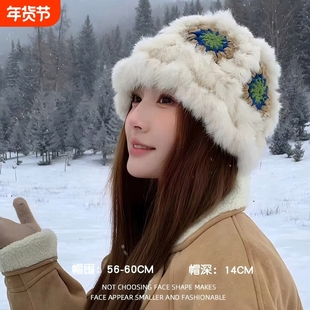2025新款可爱毛茸茸兔毛醒狮帽子女款秋冬季保暖防寒显脸小渔夫帽