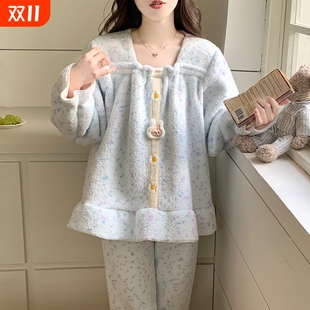 半边绒睡衣女秋冬2025新款 珊瑚绒加厚加绒保暖甜美女生冬天家居服