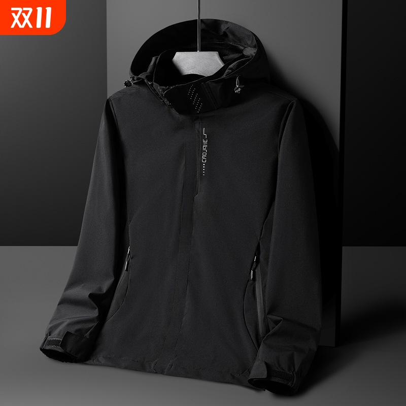 乔正丹春款情侣简约户外休闲连帽三防多拉链冲锋衣男士夹克