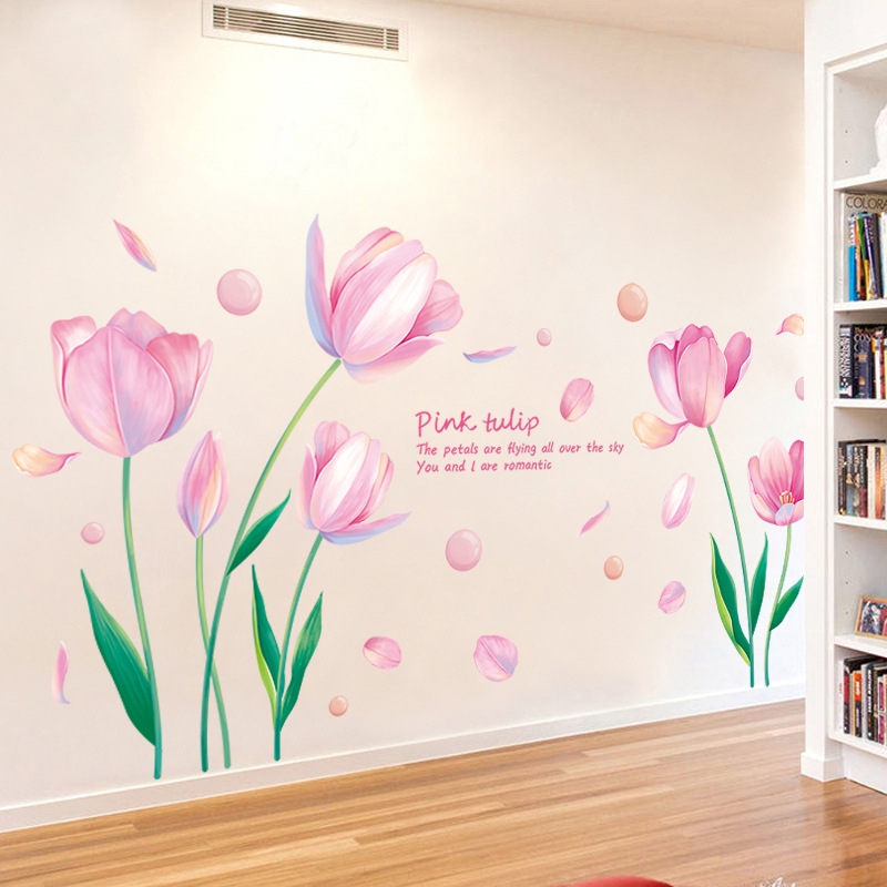 XY9036粉红郁金香卧室客厅电视背景墙玄关店铺装饰自粘墙贴