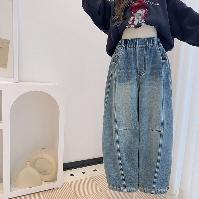 童装女童春秋冬新款牛仔弯刀裤一体加绒儿童百搭阔腿老爹裤松紧腰