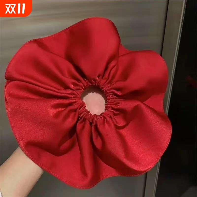 明媚大美女~超大号法式缎面红色大肠发圈女高级感头绳丸子头发绳