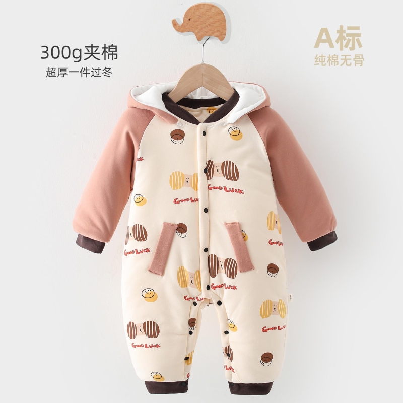 童泰宝贝婴儿300g夹棉连体衣宝宝保暖秋冬夹棉加厚外出服新生儿带