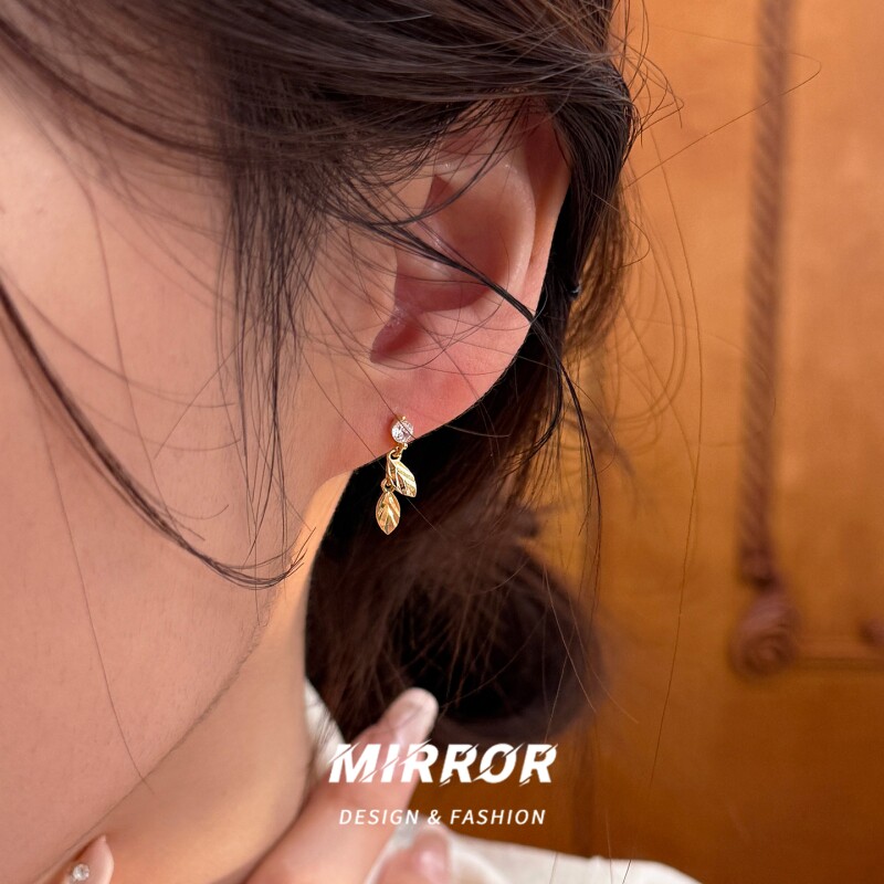 小麋人925纯银树叶流苏耳钉女耳环耳饰简约个性韩国网红气质复古