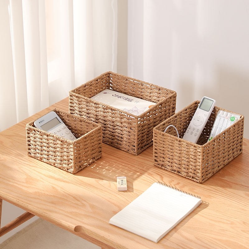 桌面收纳筐编织收纳盒藤编杂物玩具零食钥匙玄关整理篮分类家用
